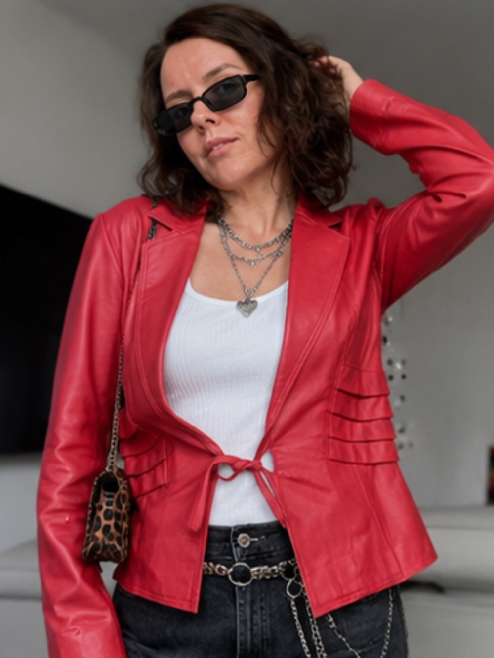 Vintage Neto red genuine leather blazer jacket size 10 tie front y2k alt baddie